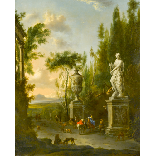 A Hawking Party at the Foot of an Ornamental Staircase, with a Mountainous Landscape beyond